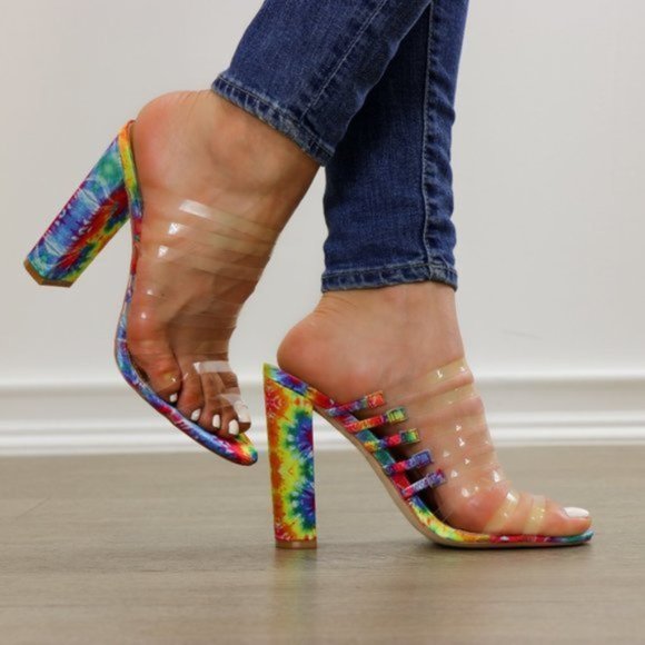 Tie Dye Clear Strappy Chunky Heel Open Toe Sandals - Picture 8 of 8